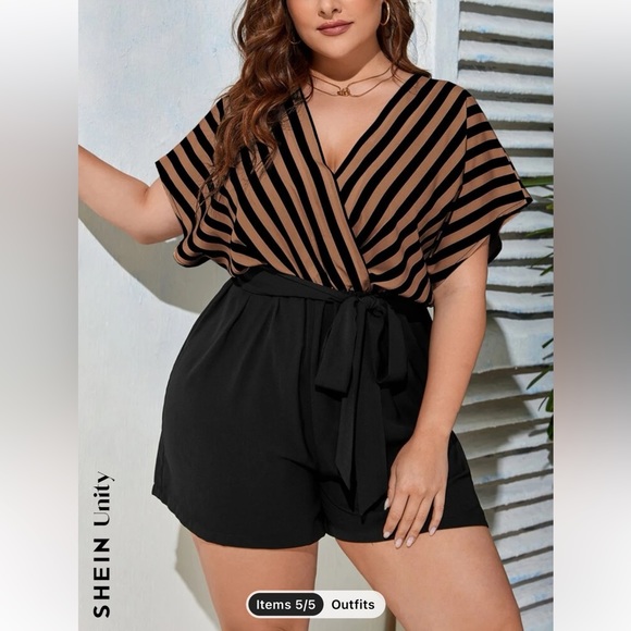 SHEIN Pants - Shein Unity Plus size, Striped print belted wrap, romper, short batwing sleeve